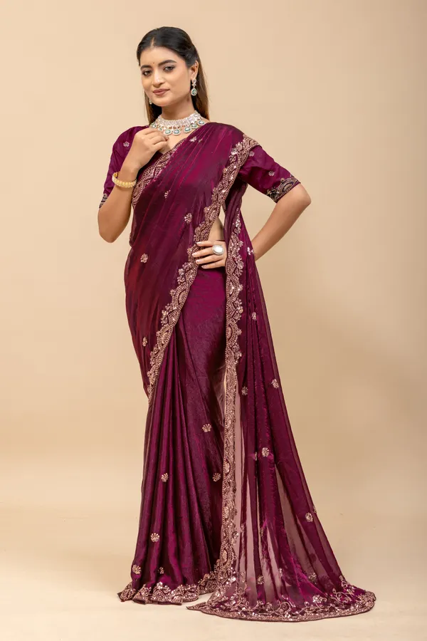 Wine_SareeFendi_Silk_Work:_Beads_Sequence_Cutdana_Threadwork__And_Zari_Theadwork_For_Women
