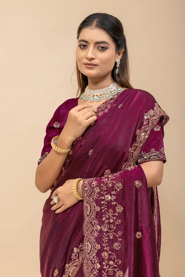 Wine_SareeFendi_Silk_Work:_Beads_Sequence_Cutdana_Threadwork__And_Zari_Theadwork_For_Women