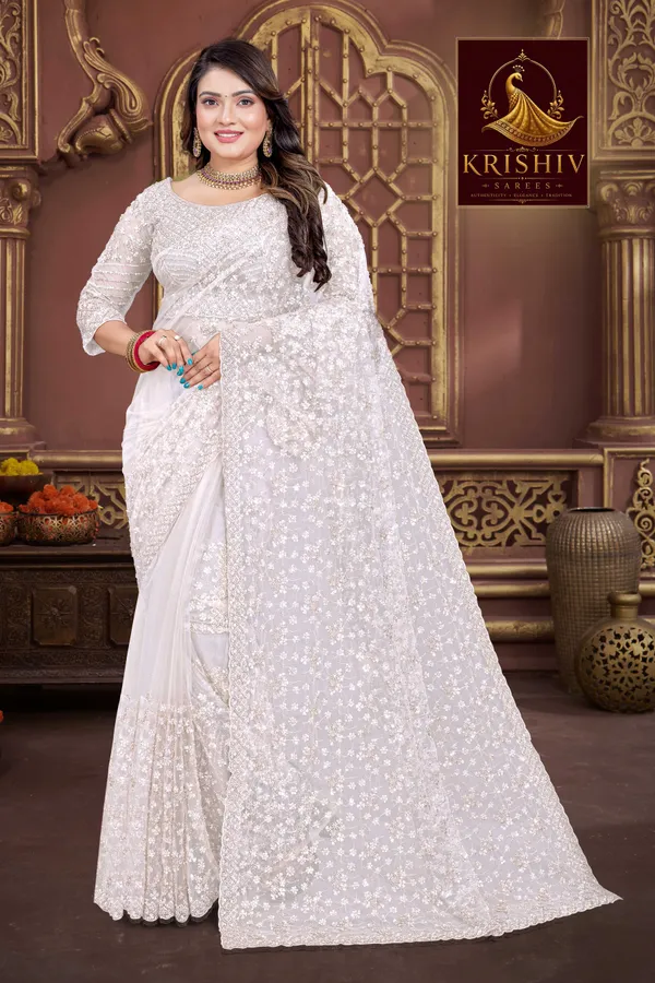 White_Saree_Net_Work:_Beads_Sequence_Cutdana_Threadwork__And_Zari_Theadwork_For_Women