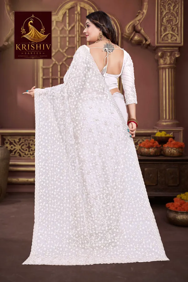 White_Saree_Net_Work:_Beads_Sequence_Cutdana_Threadwork__And_Zari_Theadwork_For_Women