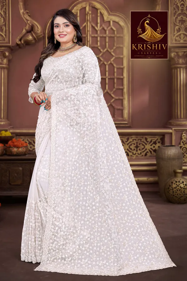 White_Saree_Net_Work:_Beads_Sequence_Cutdana_Threadwork__And_Zari_Theadwork_For_Women