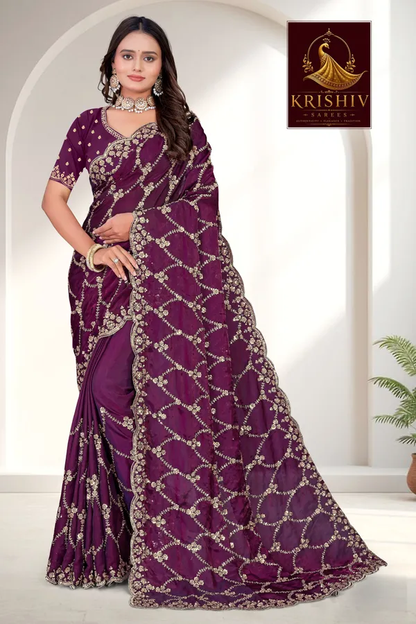 Wine_SareeFendi_Silk_Work:_Beads_Sequence_Cutdana_Threadwork__And_Zari_Theadwork_For_Women
