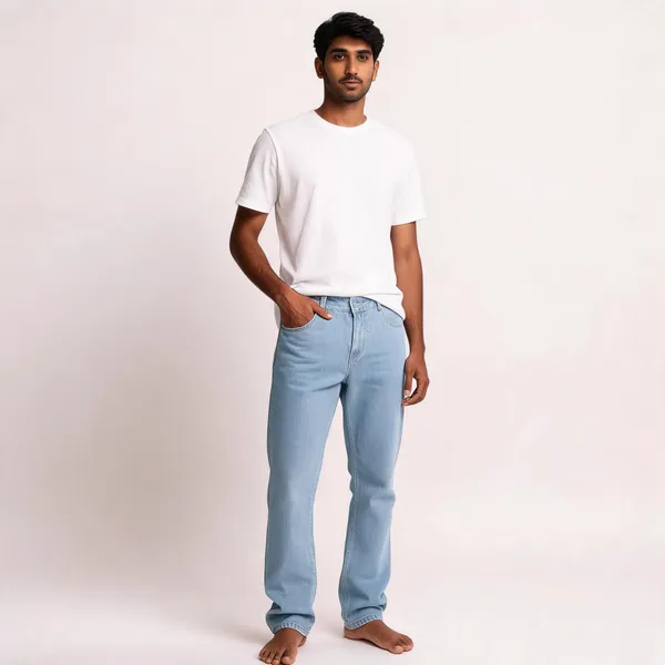Light_Blue_3/1_Cotton_Non_Stretchable_Straight_Fit_Jeans_For_Men