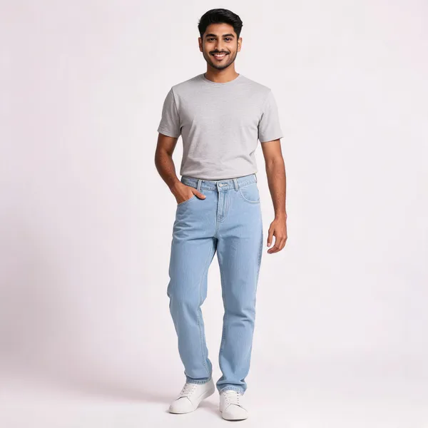 Light_Blue_3/1_Cotton_Non_Stretchable_Straight_Fit_Jeans_For_Men