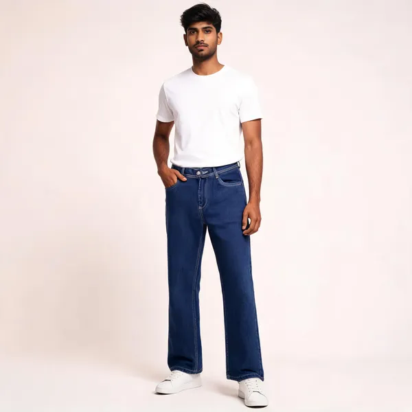 Blue_3/1_Cotton_Non_Stretchable_Wide_Leg_Jeans_For_Men