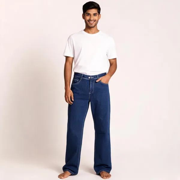 Blue_3/1_Cotton_Non_Stretchable_Wide_Leg_Jeans_For_Men