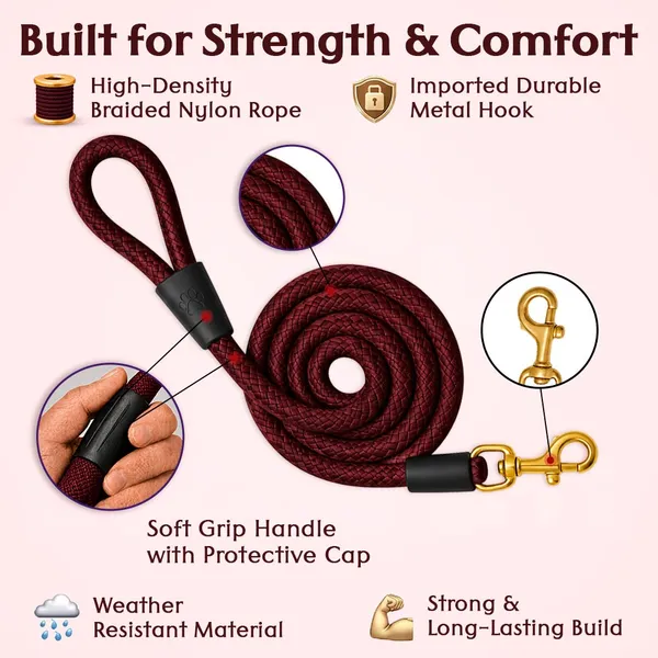 Doggo_Bite_Dark_Red_Nylon_Rope_Dog_Leash_Brass_Hook_5_Feet