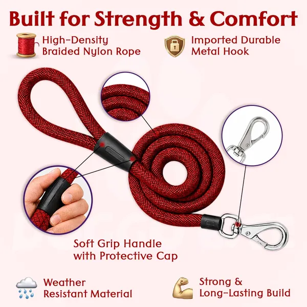 Doggo_Bite_Red_Nylon_Rope_Dog_Walking_Leash_With_Imported_Cap_