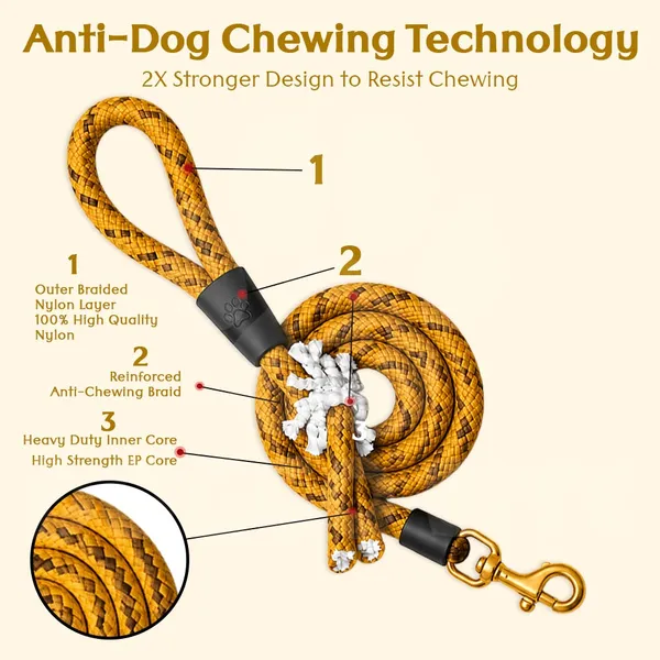 Doggo_Bite_Yellow_Nylon_Rope_Dog_Leash_Brass_Hook_5_Feet