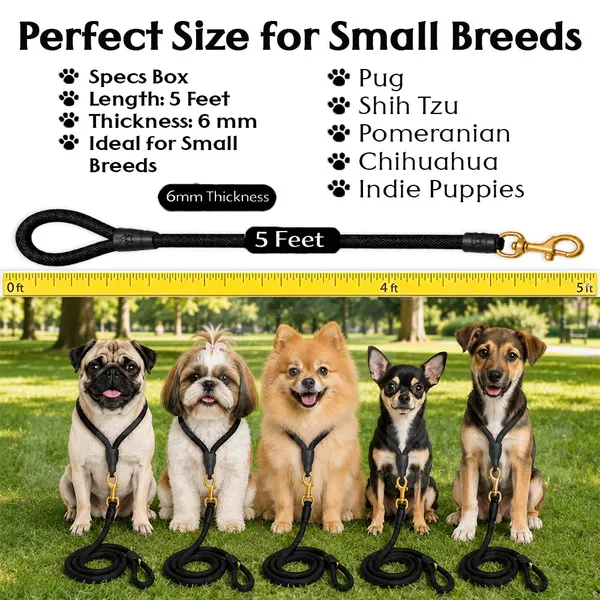 Doggo_Bite_Black_Nylon_Rope_Dog_Leash_Brass_Hook_5_Feet