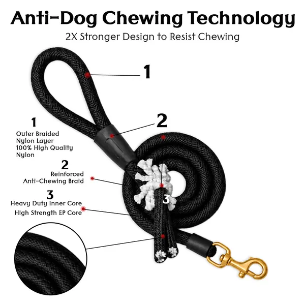 Doggo_Bite_Black_Nylon_Rope_Dog_Leash_Brass_Hook_5_Feet