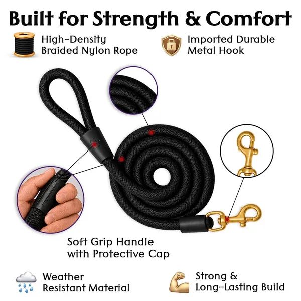 Doggo_Bite_Black_Nylon_Rope_Dog_Leash_Brass_Hook_5_Feet