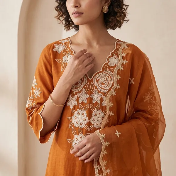 Orange_Elegant_Design_Embroidery_Work_Kurta_Pant_Dupatta_Set_For_Women