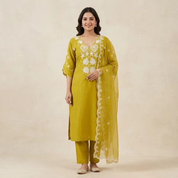 Yellow_Elegant_Design_Embroidery_Work_Kurta_Pant_Dupatta_Set_For_Women