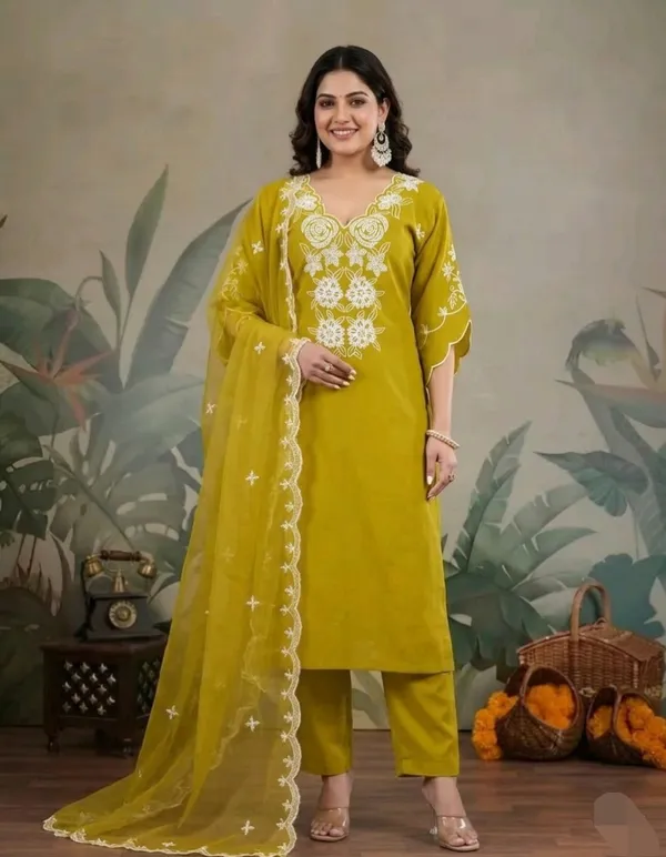Yellow_Elegant_Design_Embroidery_Work_Kurta_Pant_Dupatta_Set_For_Women