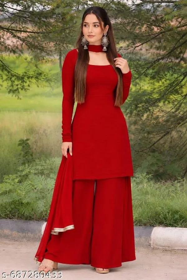 Red_Georgette_Short_Kurta_Gharara_Set_With_Dupatta_For_Women
