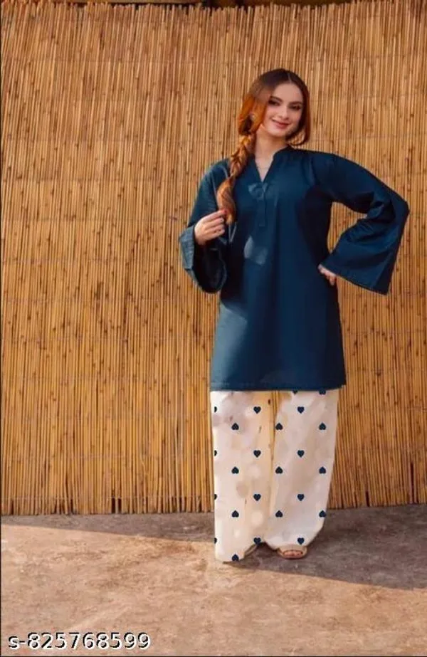 Blue_And_White_Cotton_Blend_Solid_Short_Kurta_Palazzo_Set_For_Women