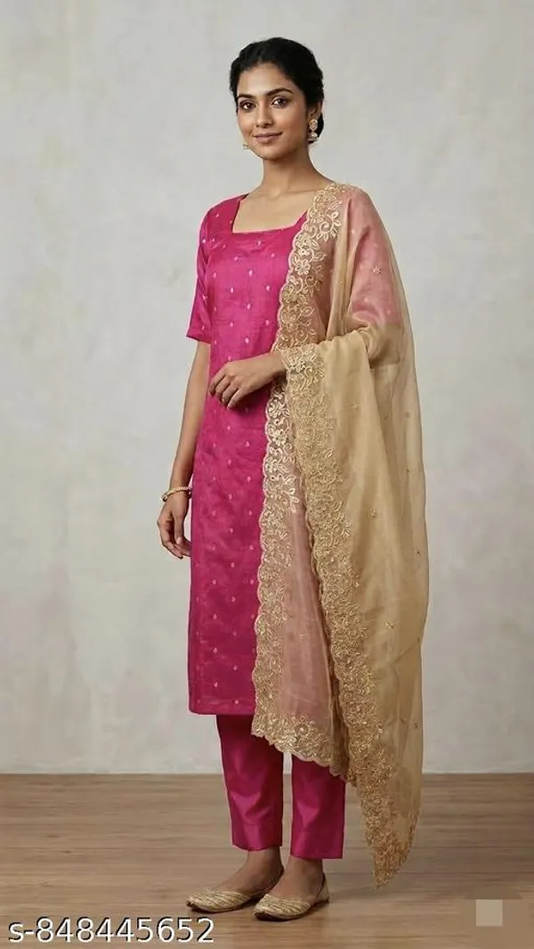 Red_And_Beige_Cotton_Silk_A-Line_Kurta_Set_With_Dupatta_For_Women