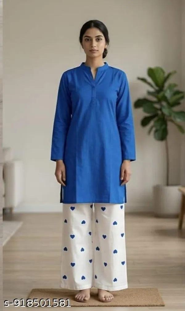 Blue_White_Cotton_Blend_Solid_A-Line_Kurta_Palazzo_Set_For_Women