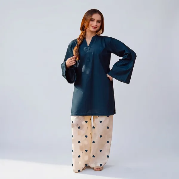 Blue_And_White_Cotton_Blend_Solid_Short_Kurta_Palazzo_Set_For_Women