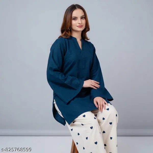Blue_And_White_Cotton_Blend_Solid_Short_Kurta_Palazzo_Set_For_Women