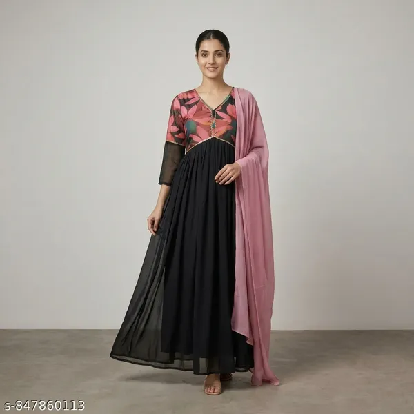 Black_Georgette_Printed_Gown_For_Women