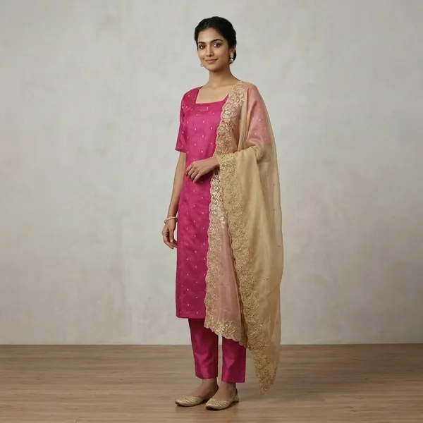 Red_And_Beige_Cotton_Silk_A-Line_Kurta_Set_With_Dupatta_For_Women