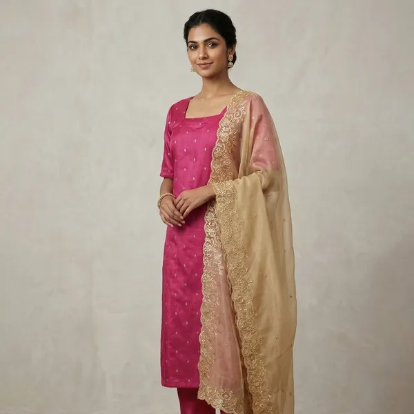 Red_And_Beige_Cotton_Silk_A-Line_Kurta_Set_With_Dupatta_For_Women