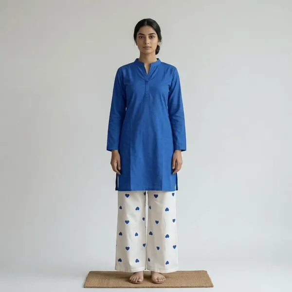 Blue_White_Cotton_Blend_Solid_A-Line_Kurta_Palazzo_Set_For_Women