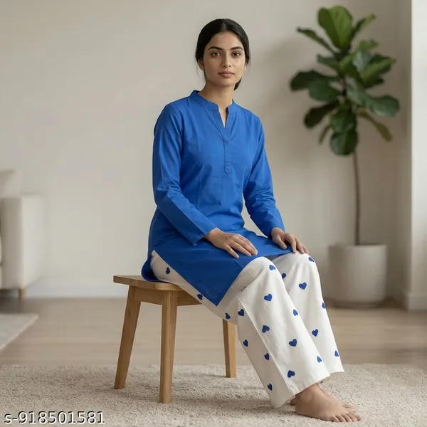 Blue_White_Cotton_Blend_Solid_A-Line_Kurta_Palazzo_Set_For_Women