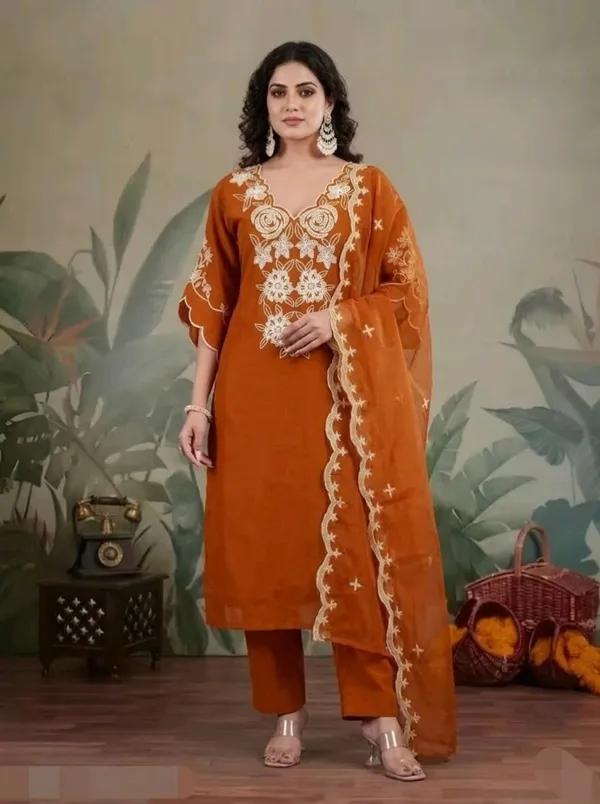 Orange_Elegant_Design_Embroidery_Work_Kurta_Pant_Dupatta_Set_For_Women