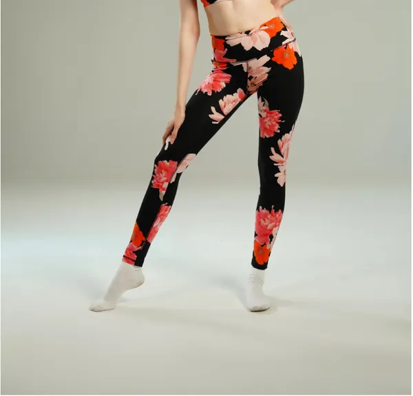 Black_And_Red_Nylon_90%,_Spandex_10%_Floral_Print_Bottom_For_Women