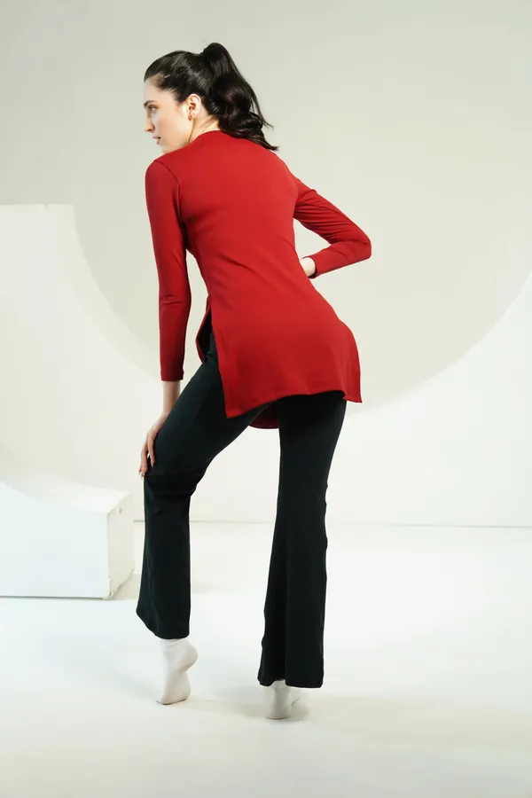 Red_Nylon_90%,_Spandex_10%_Kurta_Long_Top_For_Women