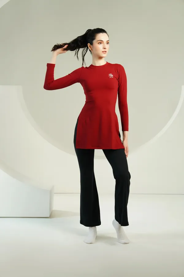 Red_Nylon_90%,_Spandex_10%_Kurta_Long_Top_For_Women