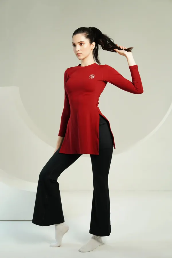 Red_Nylon_90%,_Spandex_10%_Kurta_Long_Top_For_Women