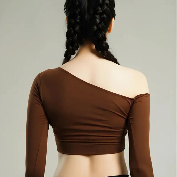 Brown_Nylon_90%,_Spandex_10%_One_Shoulder_Crop_Top_For_Women