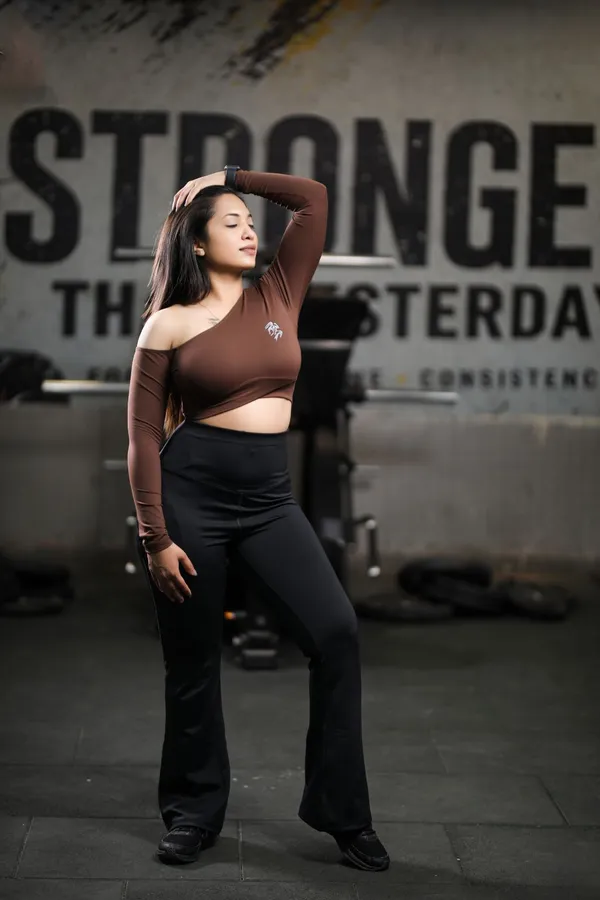 Brown_Nylon_90%,_Spandex_10%_One_Shoulder_Crop_Top_For_Women