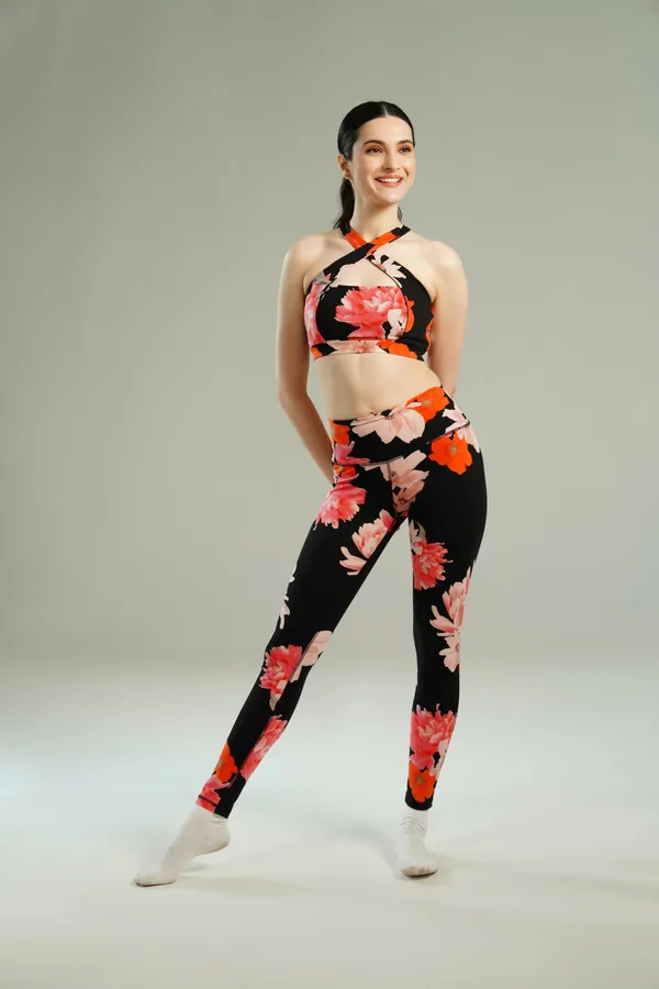 Black_And_Red_Nylon_90%,_Spandex_10%_Floral_Print_Bottom_For_Women