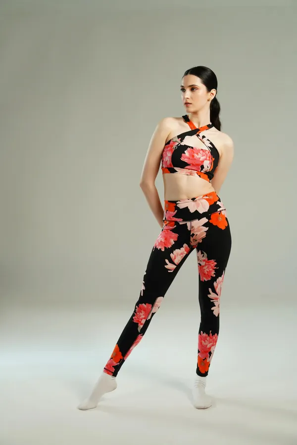 Black_And_Red_Nylon_90%,_Spandex_10%_Floral_Print_Bottom_For_Women