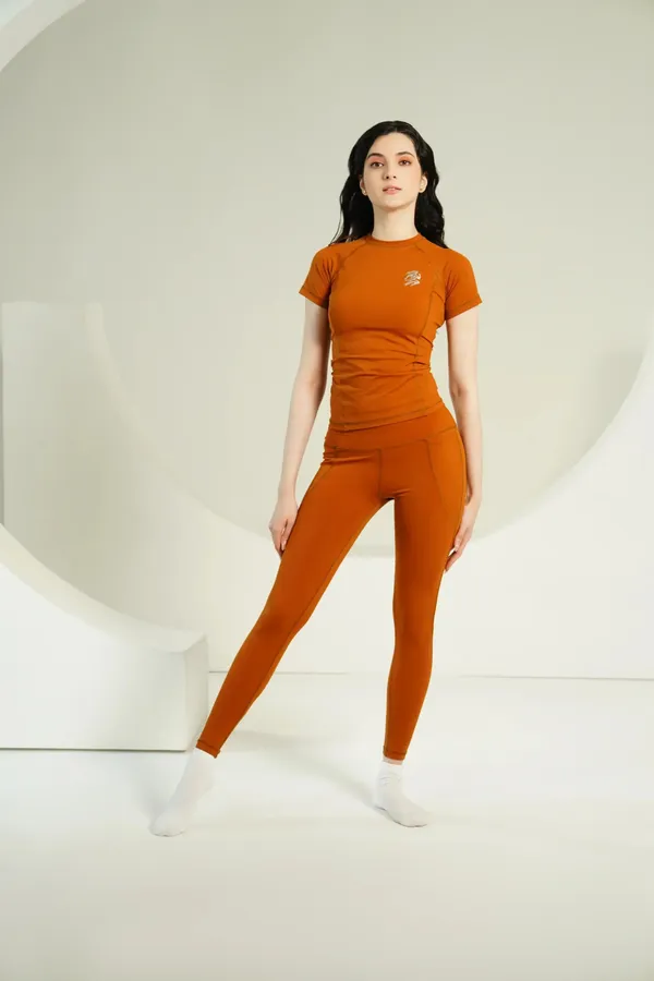 Brown_Nylon_90%,_Spandex_10%_T_Shirt_And_Leggings_For_Women