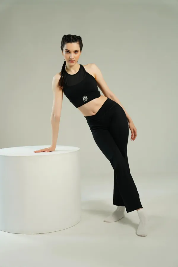 Black_Nylon_90%,_Spandex_10%_Mesh_Crop_Top_Flare_Pant_Combo_For_Women