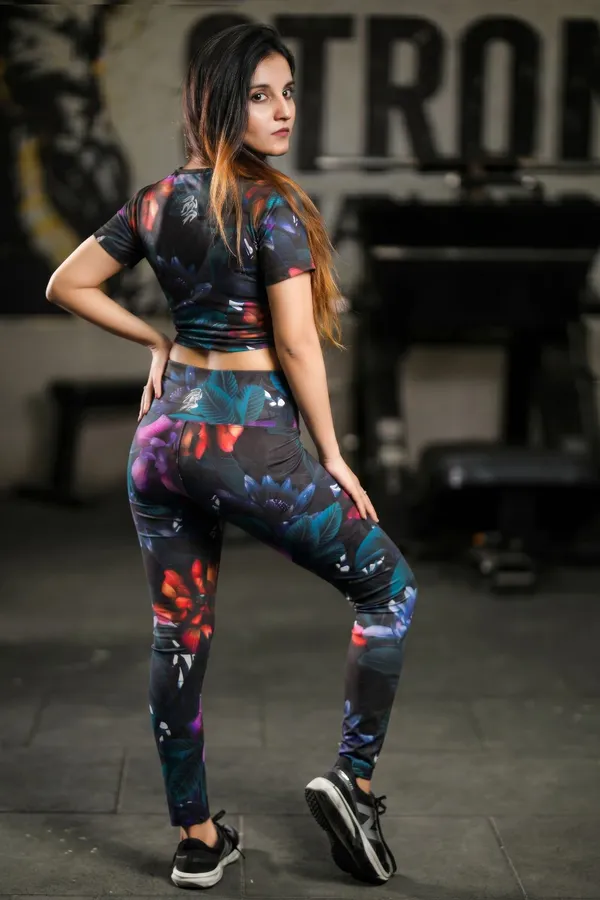 Black_Nylon_90%,_Spandex_10%_Dark_Floral_Print_Top_Bottom_For_Women
