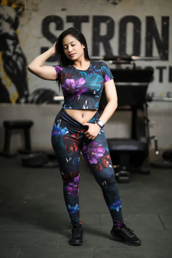 Black_Nylon_90%,_Spandex_10%_Dark_Floral_Print_Top_Bottom_For_Women