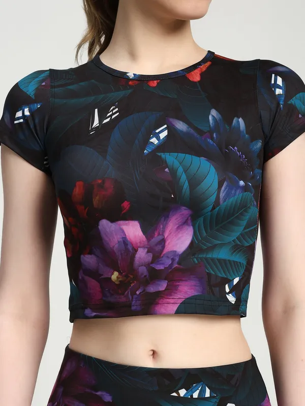 Black_Nylon_90%,_Spandex_10%_Dark_Floral_Print_Top_Bottom_For_Women