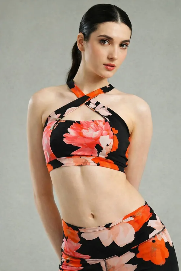 Black_And_Red_Nylon_90%,_Spandex_10%_Floral_Halter_Neck_Top_For_Women