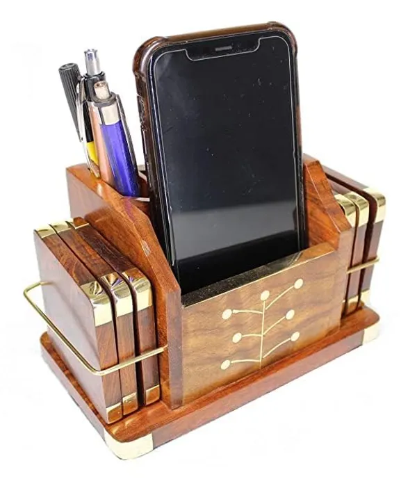 Wood_Brown_Pen_Stand_With_6_Coaster_Set