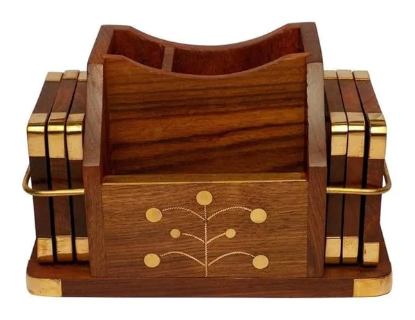 Wood_Brown_Pen_Stand_With_6_Coaster_Set