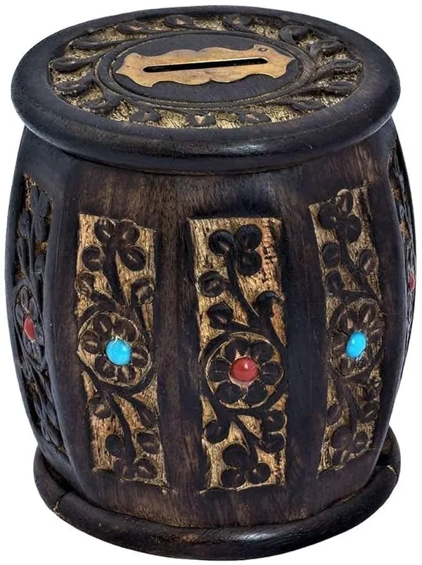 Mango_Wood_Black_Barrel_Shaped_Piggy_Bank