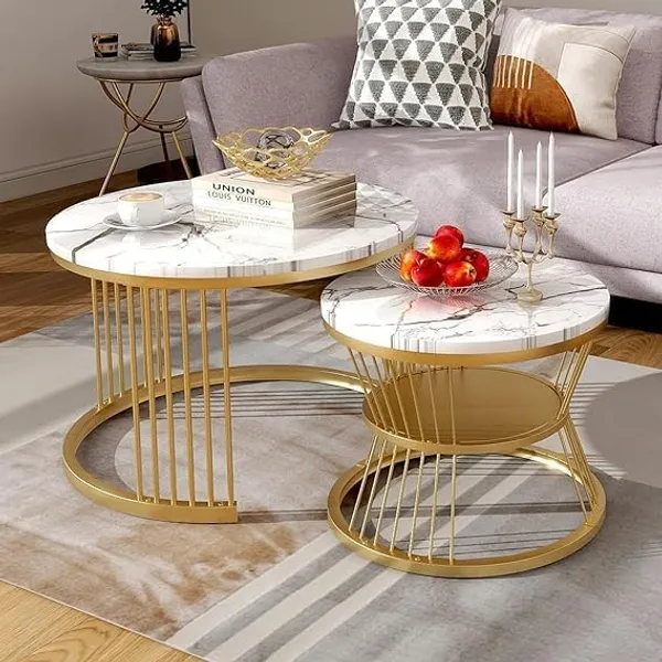 Mdf_And_Iron_Modern_Golden_White_Round_Nesting_Coffee_Table_Set_Of_2