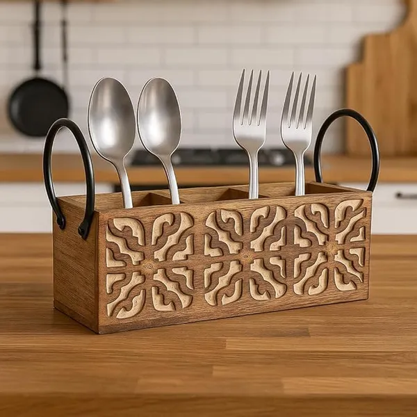 Wood_And_Iron_Rustic_Hand-Carved_Floral_Cutlery_Holder